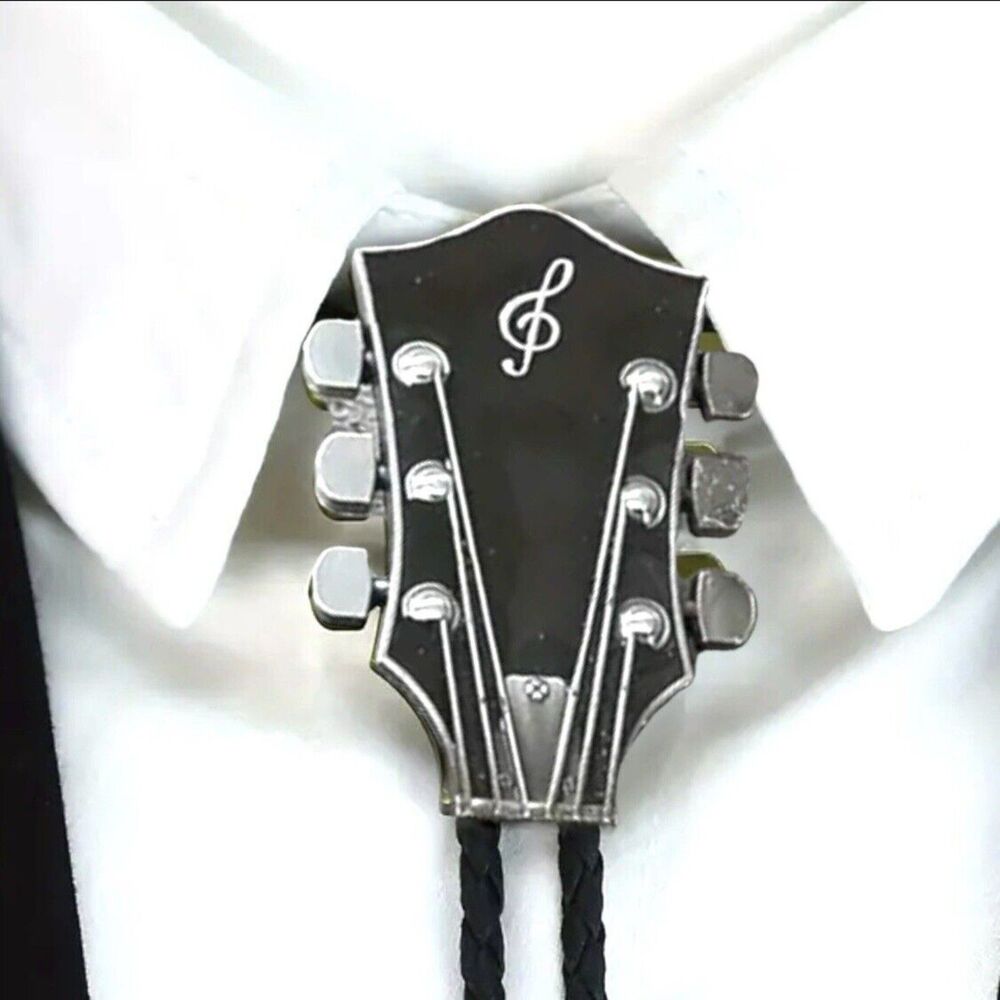 Black & Silver Texas Western Cowboy Guitar Neck Bollo Tie - Braided Cord